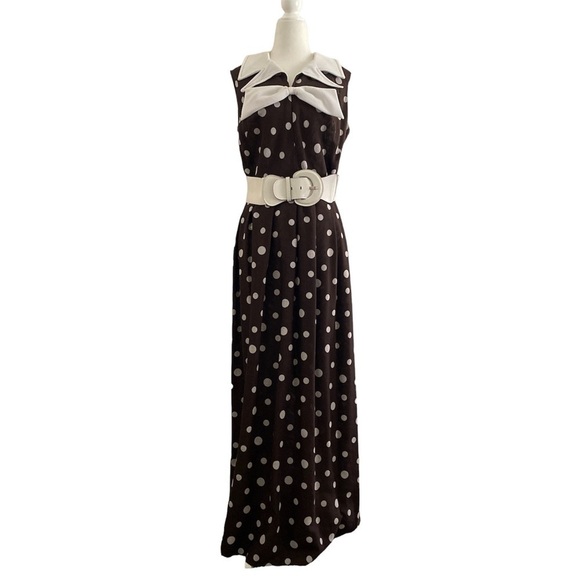 Vintage 70’s chocolate brown white polka dot maxi dress - Picture 1 of 11